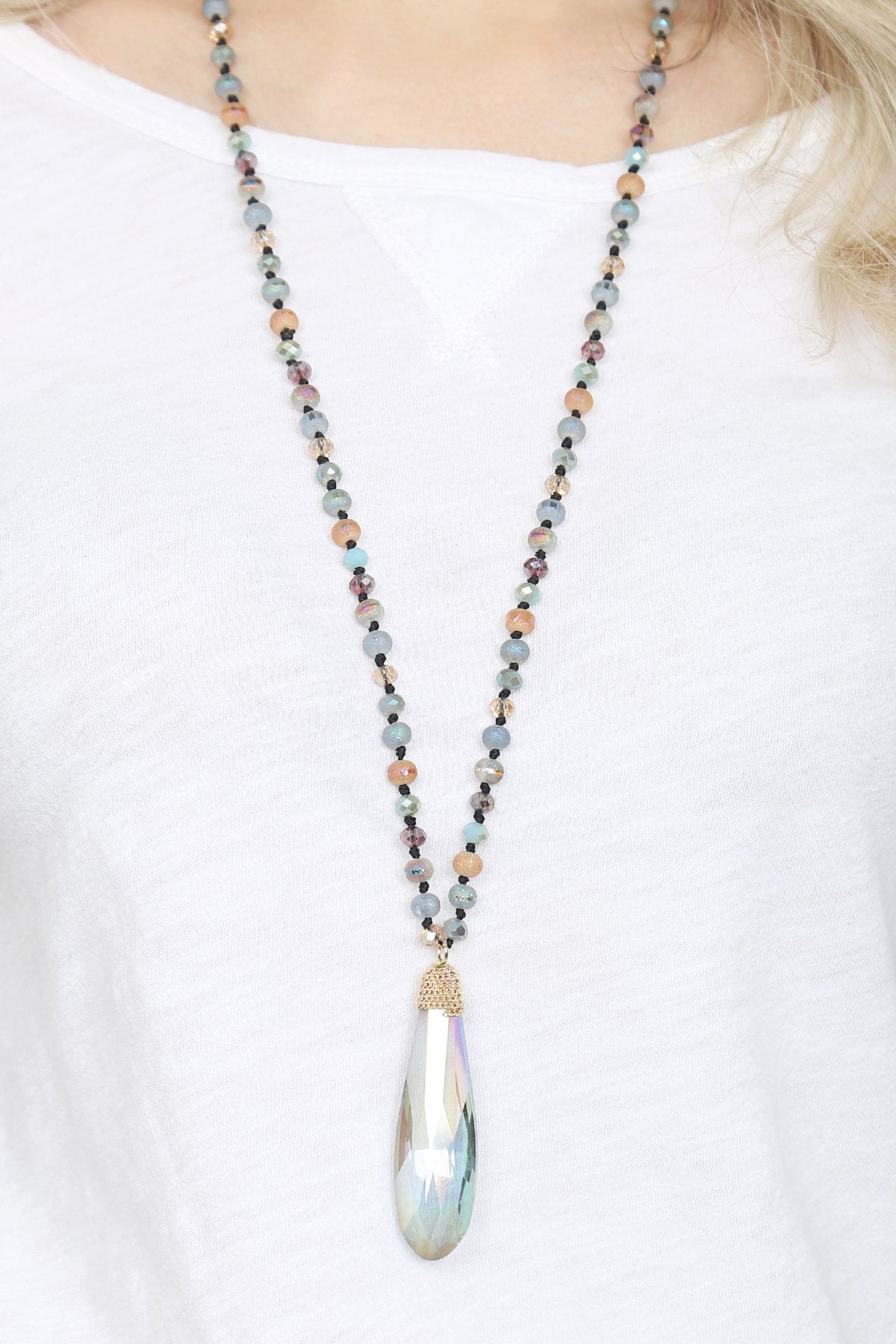 Riah Fashion - Teardrop Glass Rondelle Bead Necklace - 5 COLORS