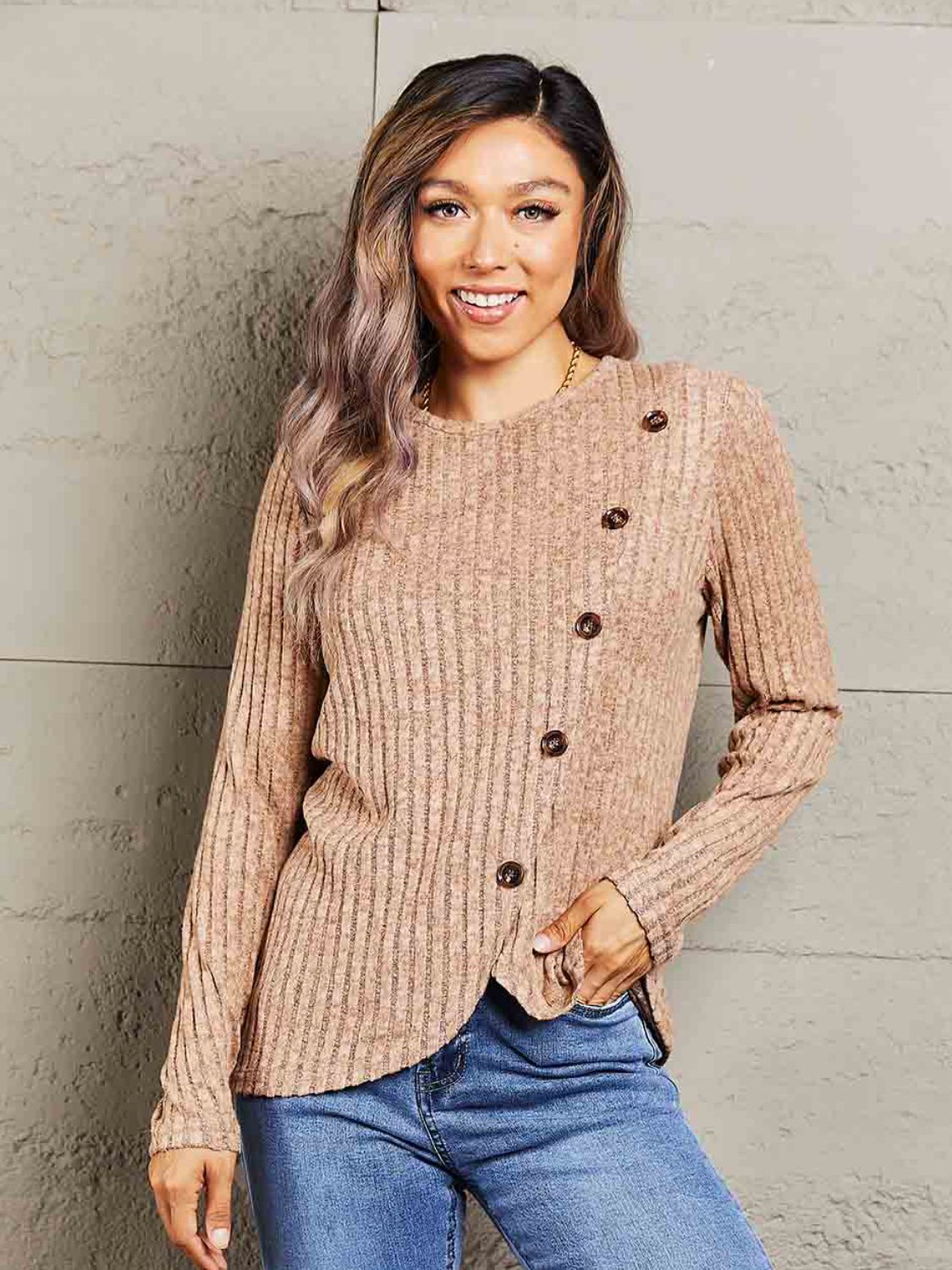 Double Take Ribbed Round Neck Buttoned Long Sleeve Tee - T - 7 COLORS -