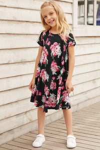 Thumbnail for Girls Floral Round Neck Short Sleeve Dress with Pockets - T - 4 SIZES - 2 COLORS -