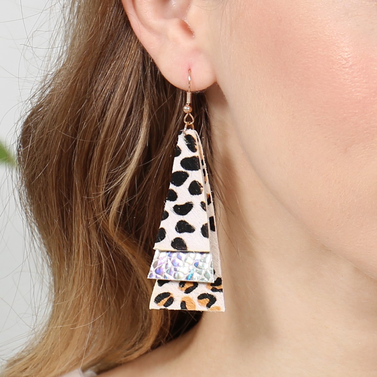 Animal Print Layered Leather Trapezoid Hook Earrings - 5 STYLES -