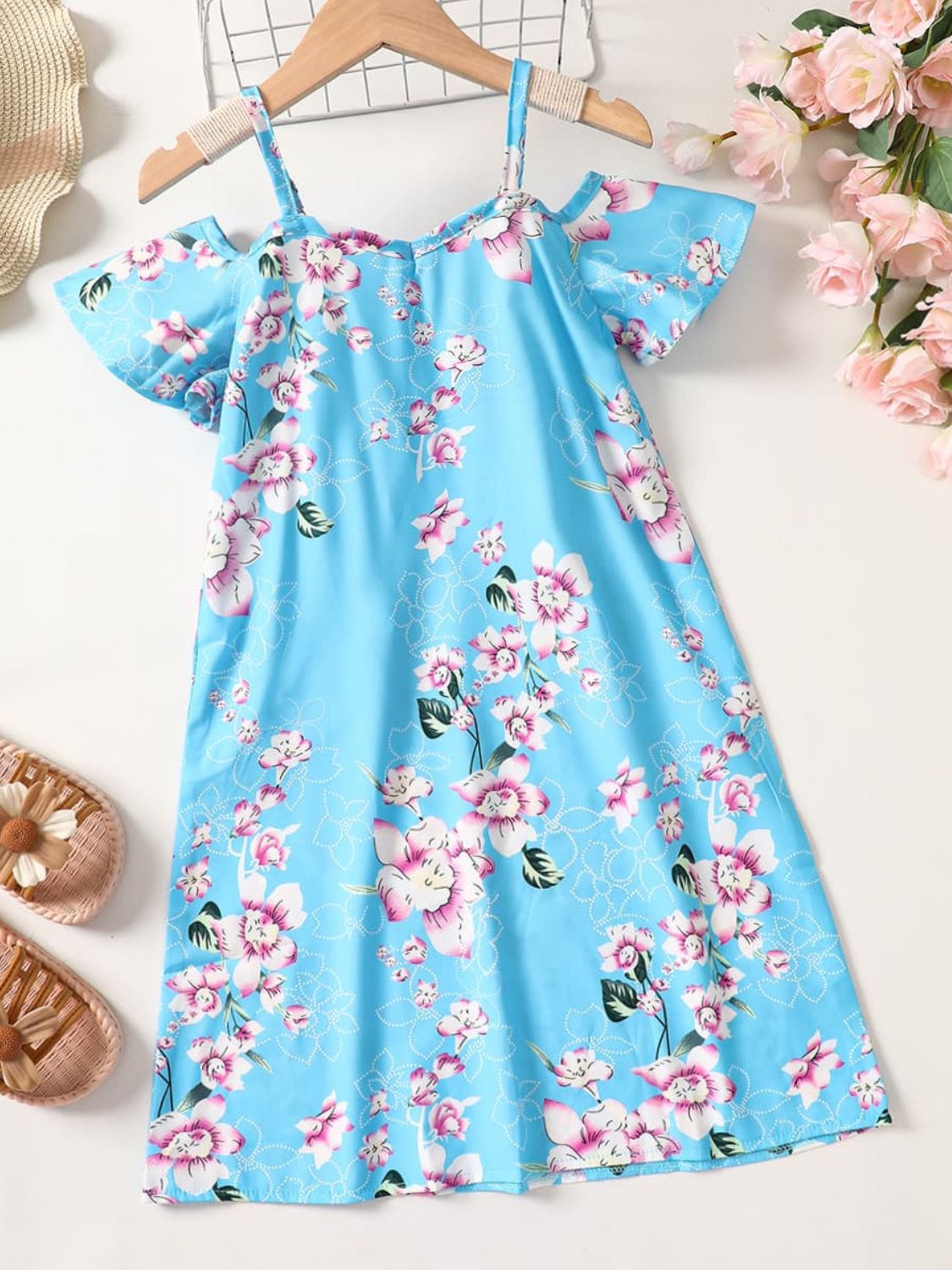 Girls Floral Cold-Shoulder Flutter Sleeve Dress - T - 5 SIZES - 1 COLOR -