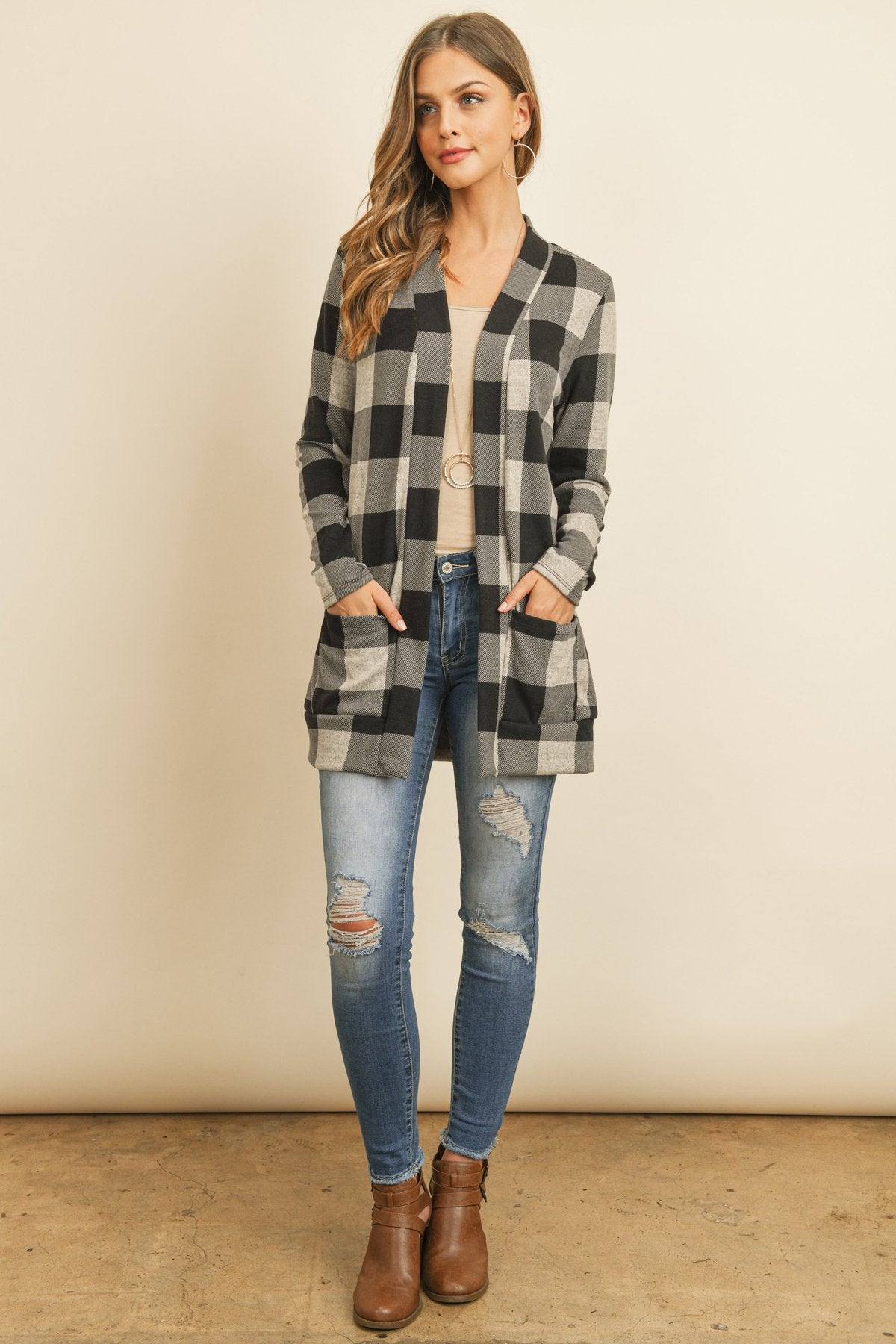 Riah Fashion - Plaid Long Sleeved Front Pocket Open Cardigan - 3 COLORS -