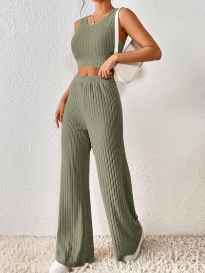 Ribbed Round Neck Tank and Pants Cropped Sweater Set - 2 PCS. - T - 5 COLORS -