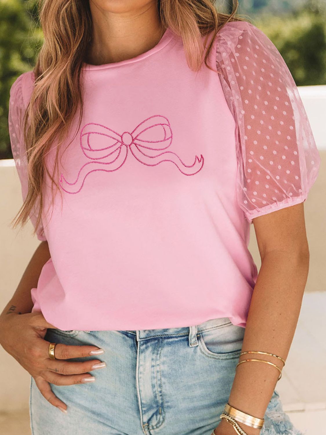 Pink Ribbon/Bow Round Neck Short Sleeve Top - T - 1 COLOR -