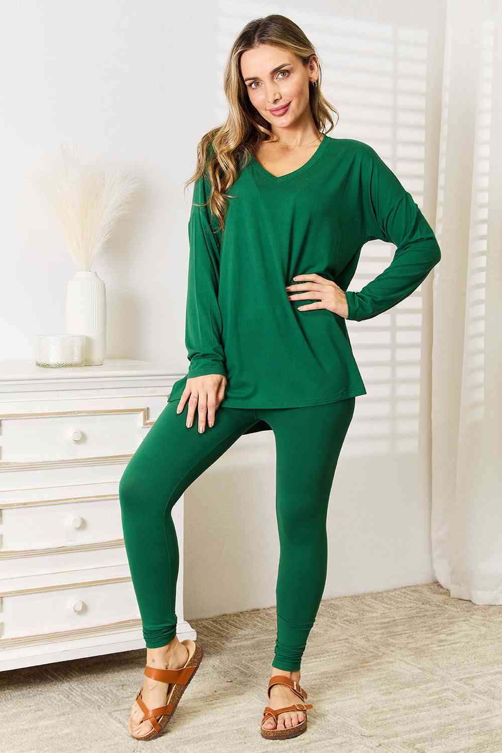 Zenana Lazy Days Full Size Long Sleeve Top and Leggings Set - T - 1 COLOR -