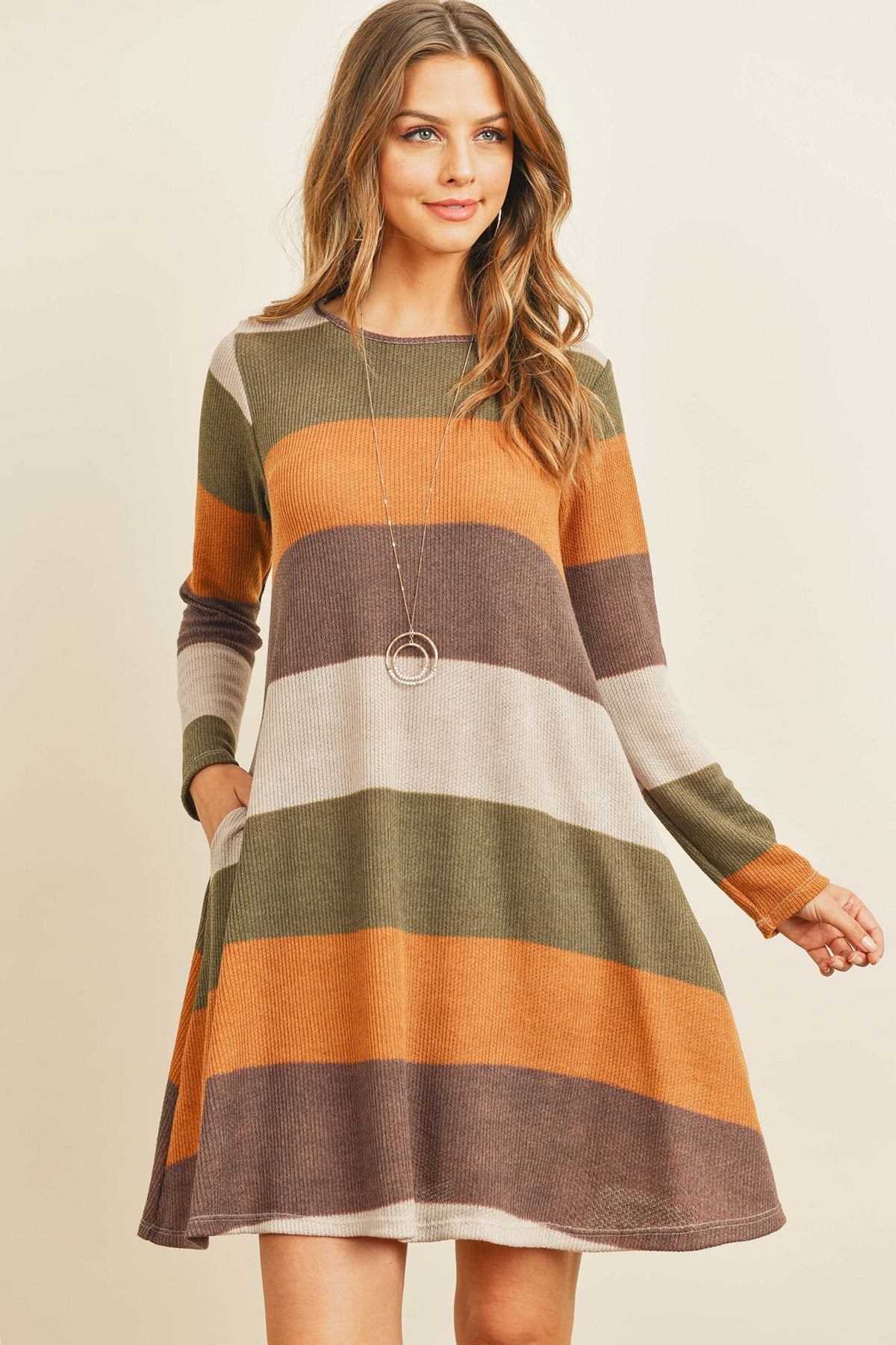 Riah Fashion - Long Sleeved Rib Stripe Pocket Dress - 3 COLORS -