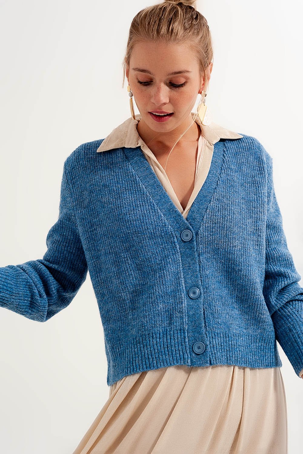 Q2 - Button Through Cardigan in Blue - 1 COLOR