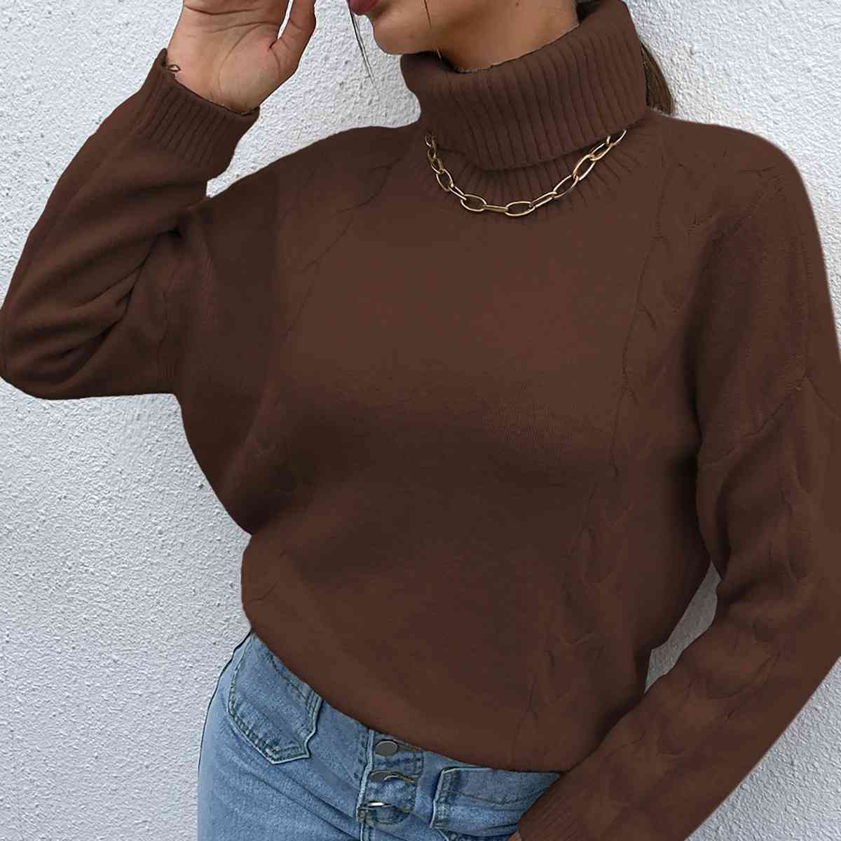 Turtleneck Dropped Shoulder Long Sleeve Sweater - T - 4 COLORS -