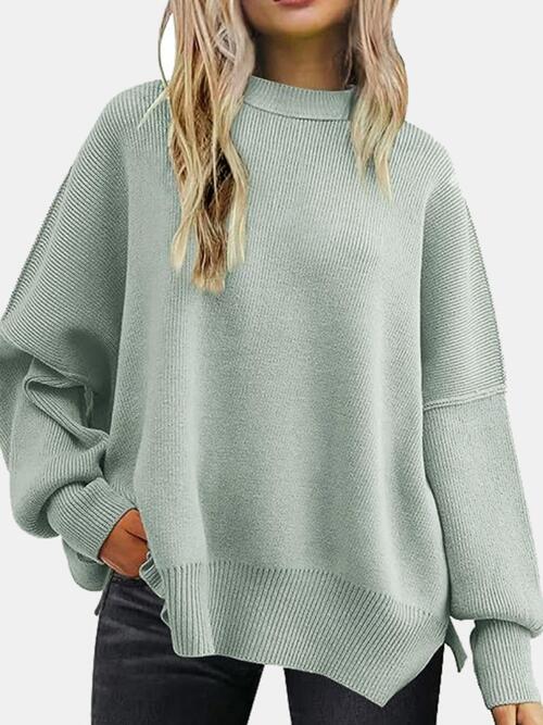 Round Neck Drop Shoulder Slit Sweater - T - 13 COLORS/STRIPES -