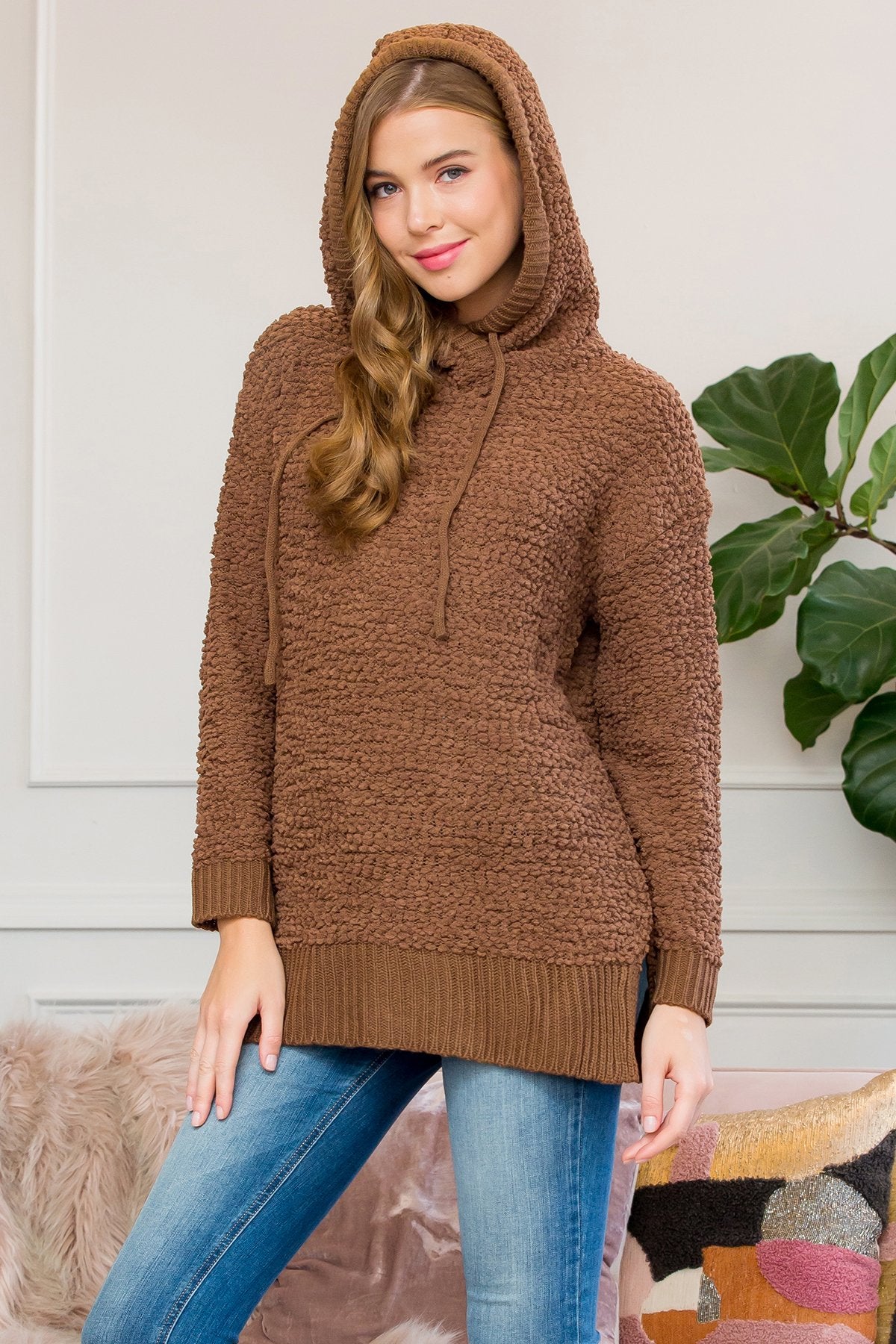 Riah Fashion - Popcorn Rib Detail Hooded Pullover - 16 COLORS -