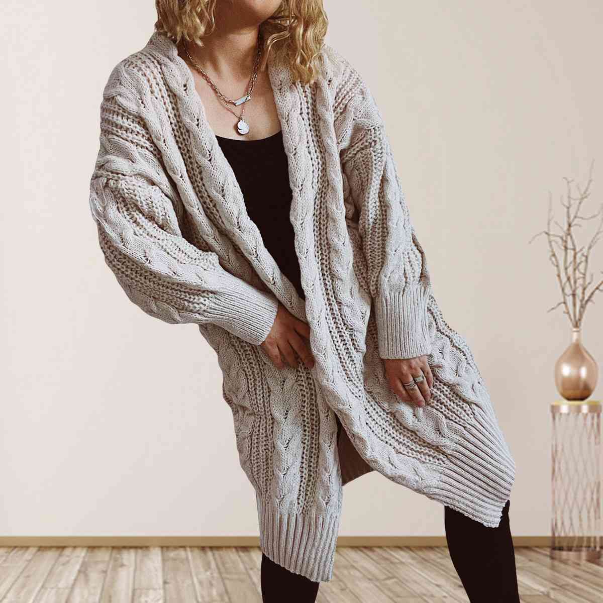 Cable-Knit Open Front Dropped Shoulder Cardigan - T - 6 COLORS -