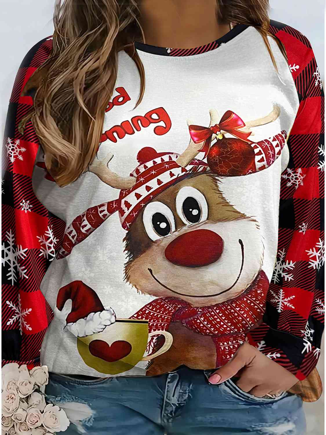 Plus Size Reindeer Graphic Plaid Long Sleeve T-Shirt - T - 1 XL THRU 4XL ONLY -