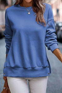 Thumbnail for Snap Detail Round Neck Dropped Shoulder Sweatshirt - T - 10 COLORS -