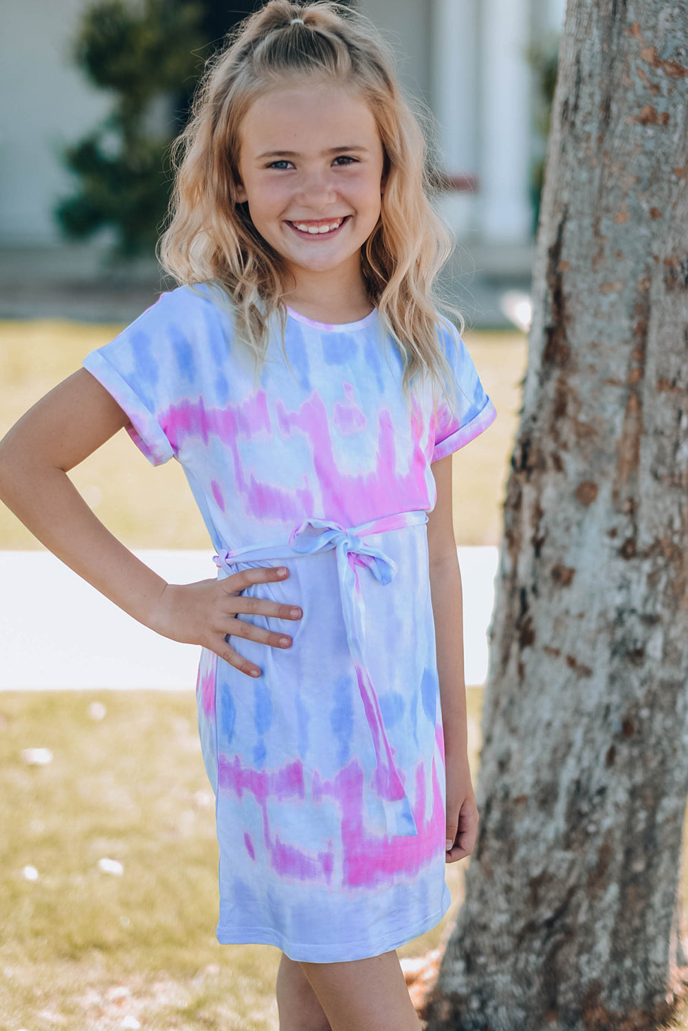 Girls Tie-Dye Belted T-Shirt Dress - T - 4 SIZES - 1 COLOR -