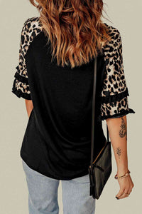 Thumbnail for Easter Leopard Frill Trim Half-Sleeve Top - T - 1 COLOR -