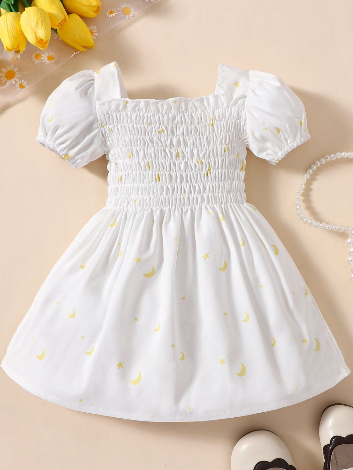 Baby Girl Printed Square Neck Smocked Dress - T - 5 SIZES - 2 COLORS -