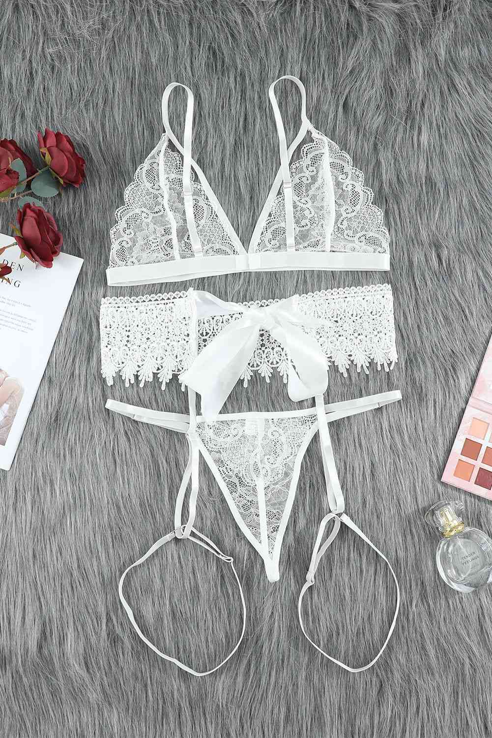 Lace Lingerie Three-Piece Set - 3 PCS. - T - 1 COLOR -