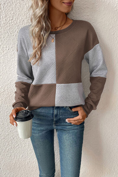 Textured Color Block Round Neck Sweatshirt - T - 4 COLORS -