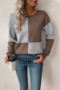 Thumbnail for Textured Color Block Round Neck Sweatshirt - T - 4 COLORS -