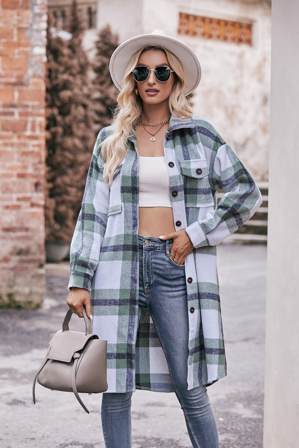 Plaid Dropped Shoulder Longline Jacket - T - 3 COLORS -