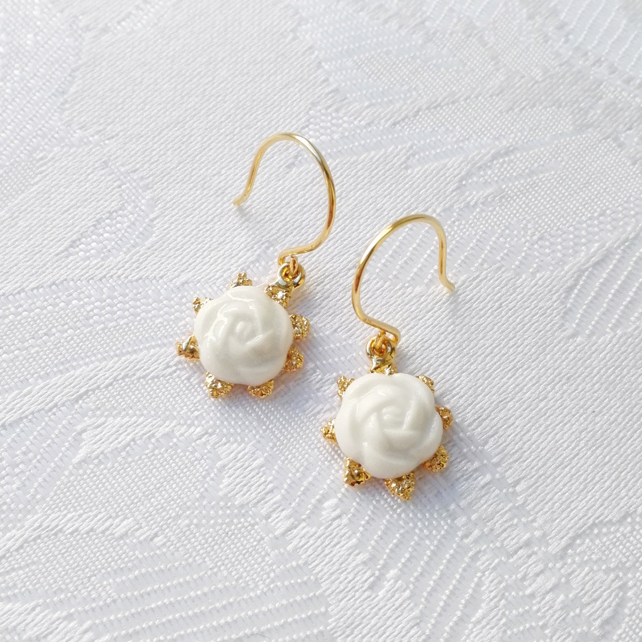 Mini Porcelain Camellia Flower Charm Earrings -