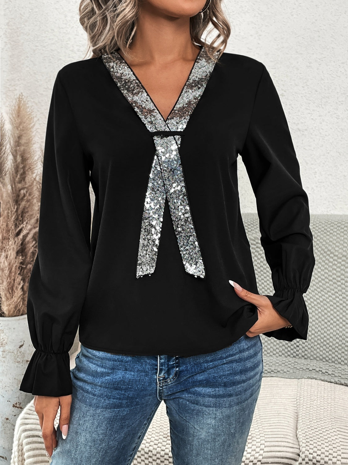 Sequin Flounce Sleeve Blouse - T - 1 COLOR -