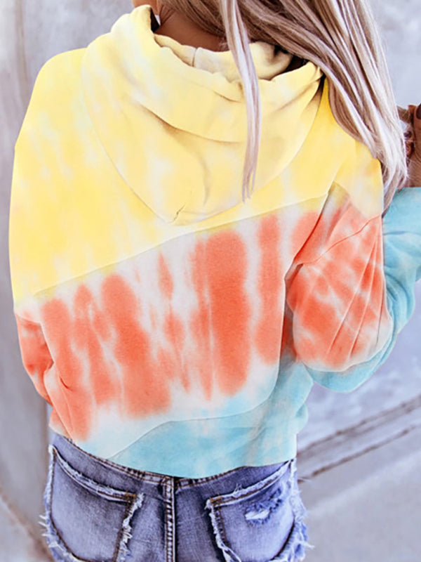 Women's Long Sleeve Panel Hooded Tie Dye Print Top - K - 1 MULTI COLOR -