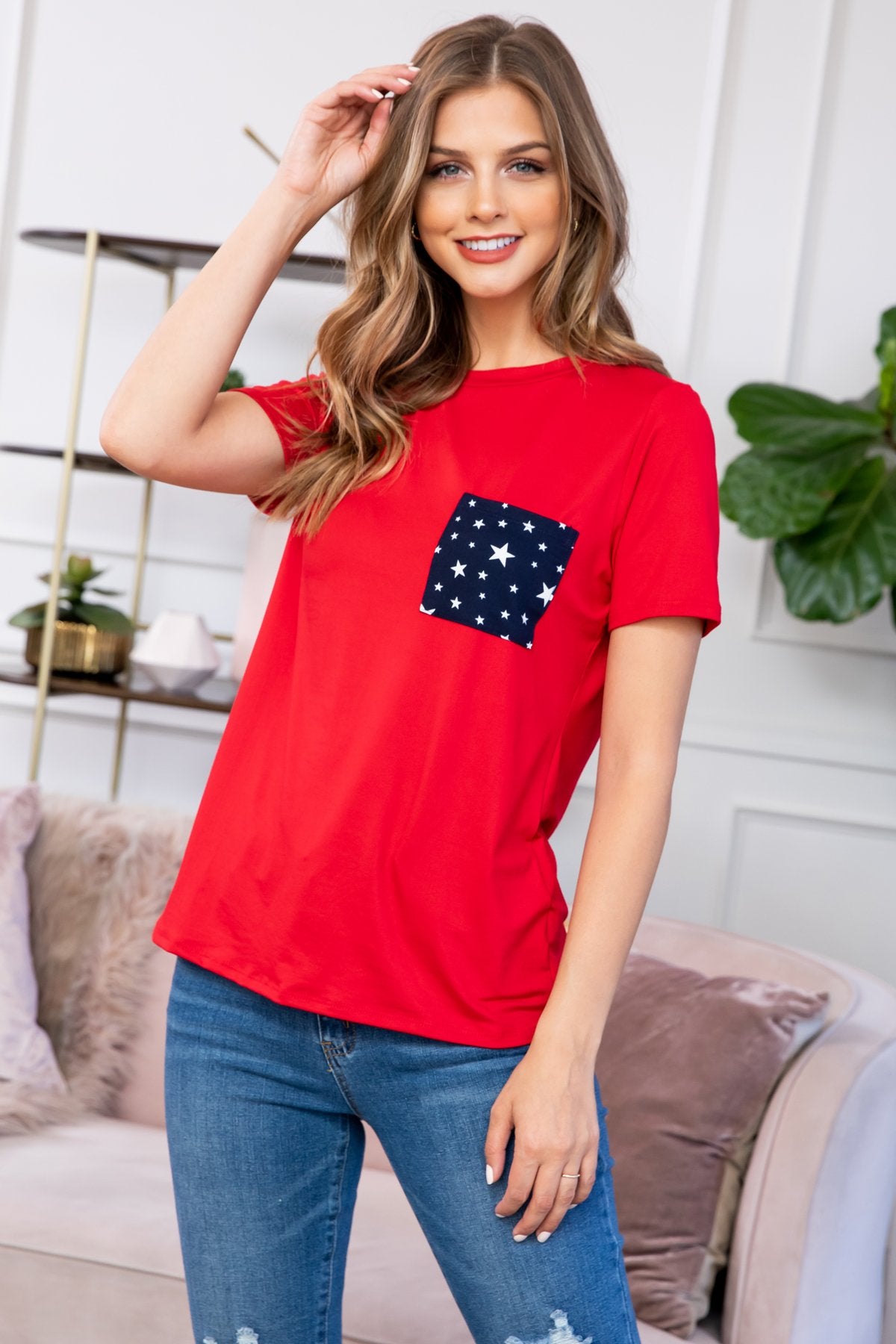 Riah Fashion - Short Sleeve Star Pocket Top - 4 COLORS