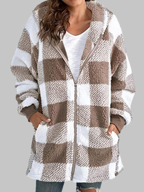 Plaid Zip-Up Hooded Jacket with Pockets - T - 7 COLORS -