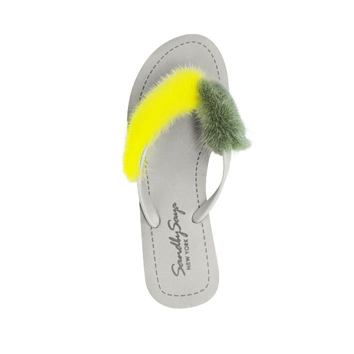 SAND BY SAYA N.Y. - Sheep Fur - Gray Genuine Fur Embellished Women's High Wedge Flip Flops Sandal - 1 COLOR -