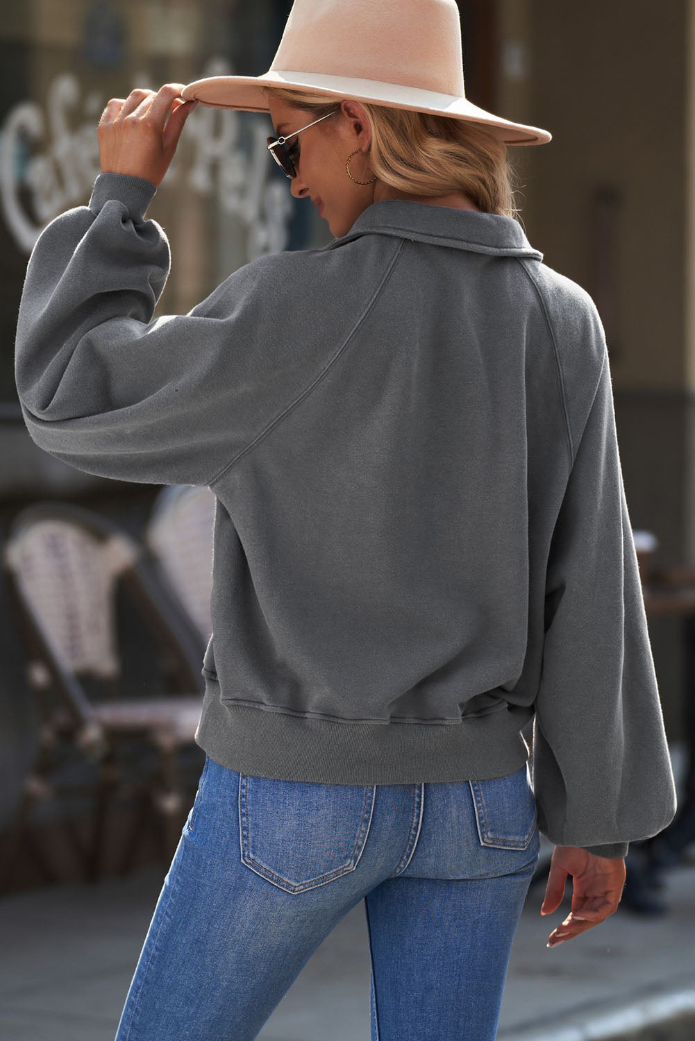 Quarter-Snap Collared Lantern Sleeve Sweatshirt - T - 4 COLORS -