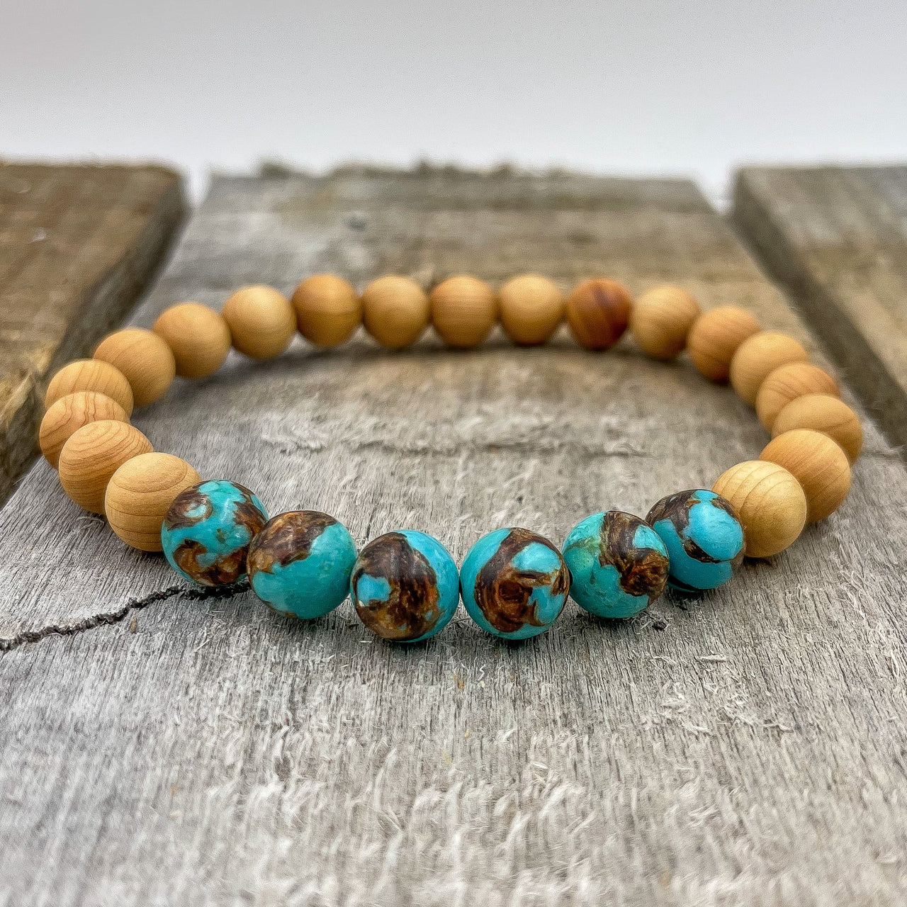 Grove - Bronzite Turquoise & Cedar Wood Mala Beaded Bracelet -