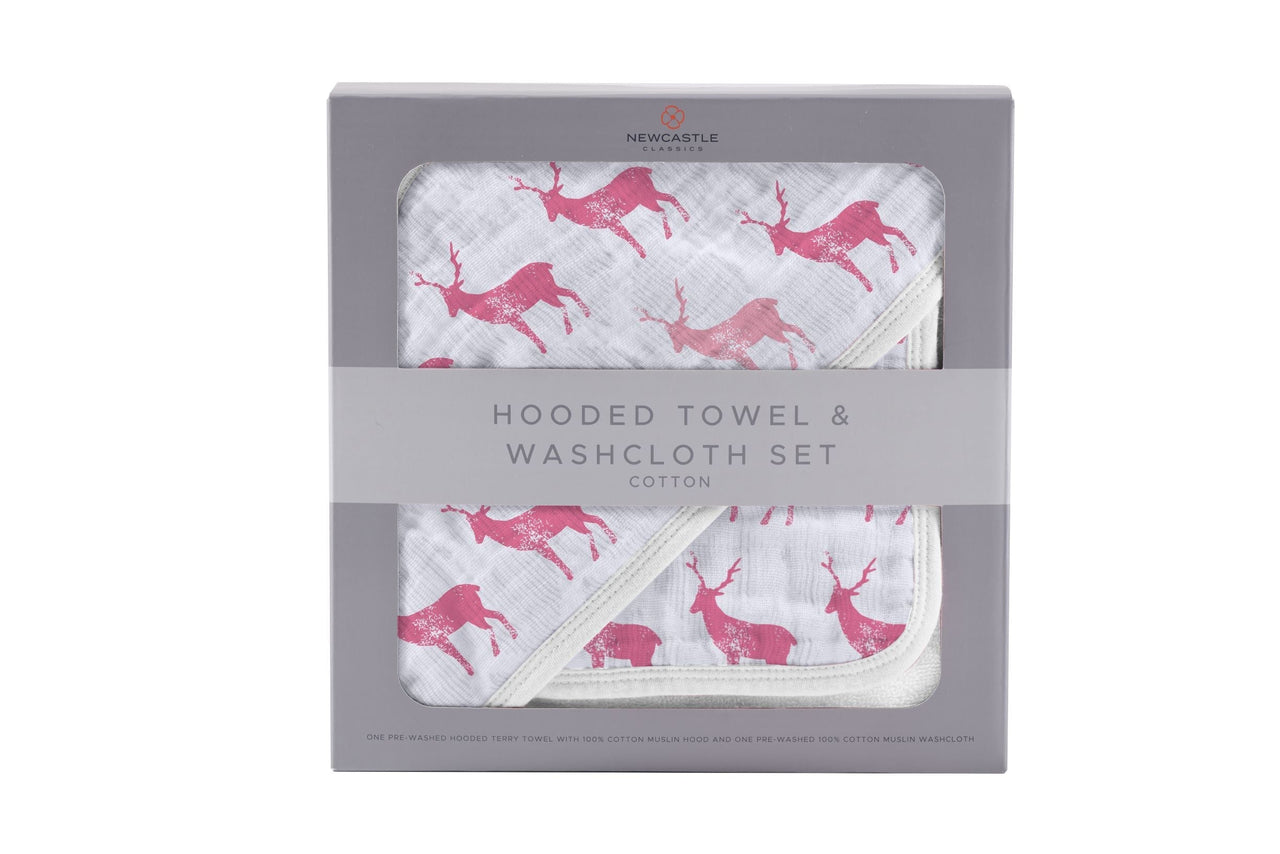 Newcastle - Pink Deer Cotton Hooded Towel and Washcloth Set -