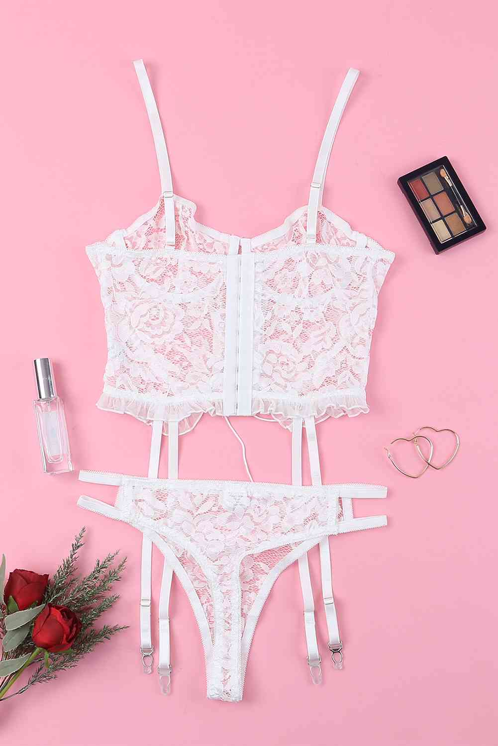 Lace-Up Frill Trim Lingerie Set - T - 2 PCS. - 1 COLOR -