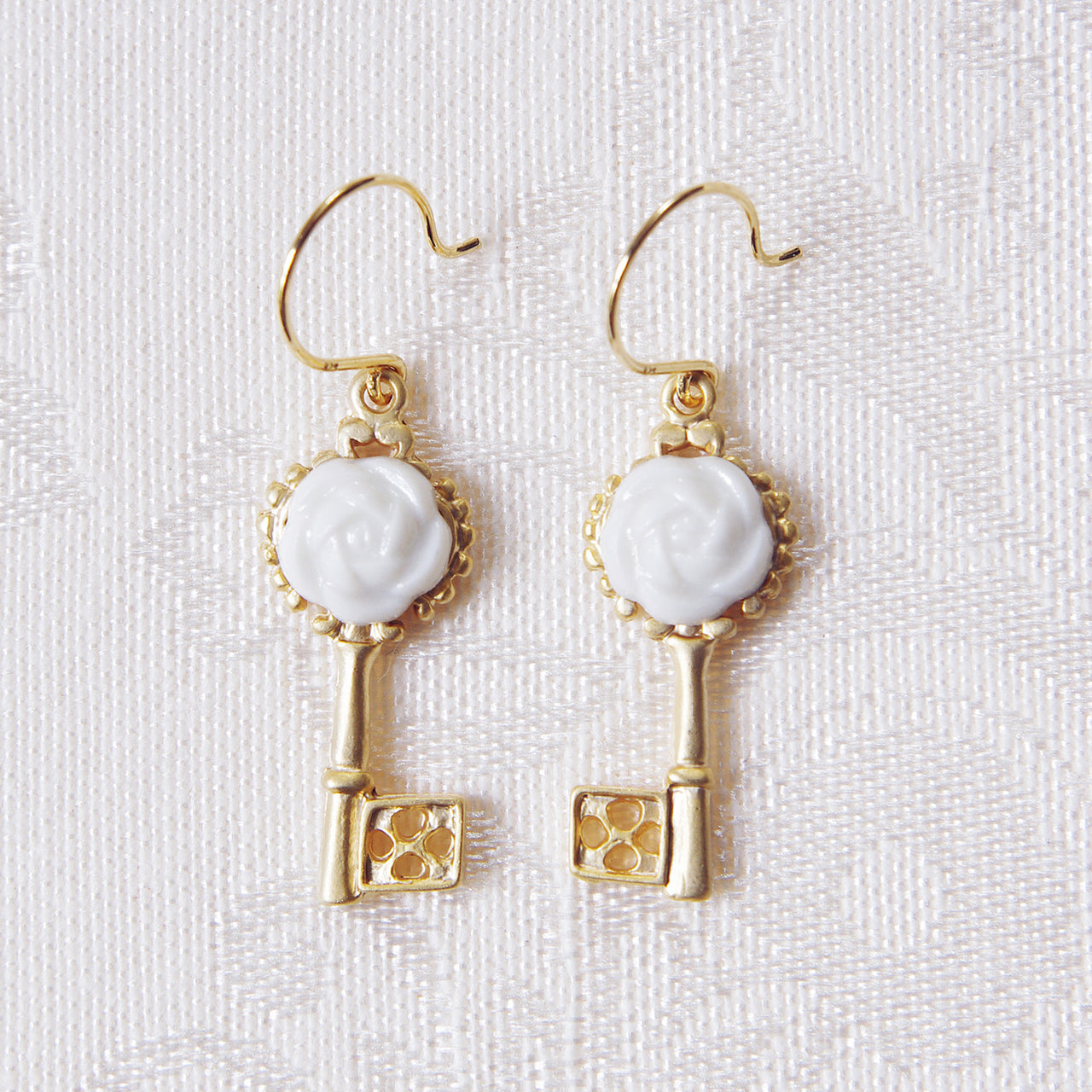 Porcelain Camellia Golden Key Earrings -