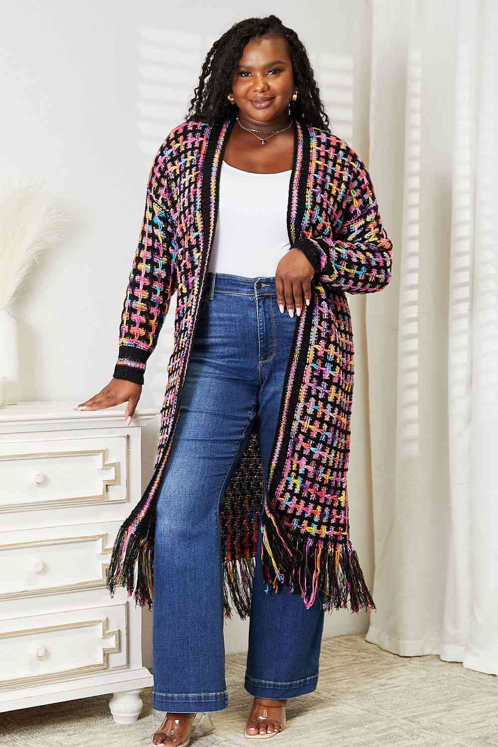 Double Take Full Size Multicolored Open Front Fringe Hem Cardigan - T - SIZES S THRU 3XL - 1 COLOR -