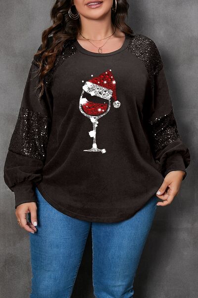 Plus Size Graphic Sequin Long Sleeve Round Neck T-Shirt - SIZES 1XL THRU 3XL - K - 1 COLOR -