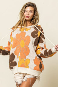 Thumbnail for BiBi Flower Pattern Drawstring Hooded Sweater - T - 1 COLOR -