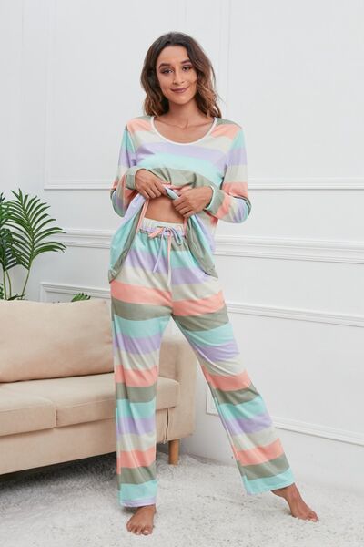 Striped Round Neck Long Sleeve Top and Drawstring Pants Lounge Set - 2 PCS. - T - 4 COLORS -