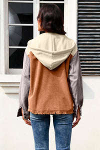 Thumbnail for Contrast Drawstring Snap Down Raw Hem Hooded Jacket - T - 5 COLORS -