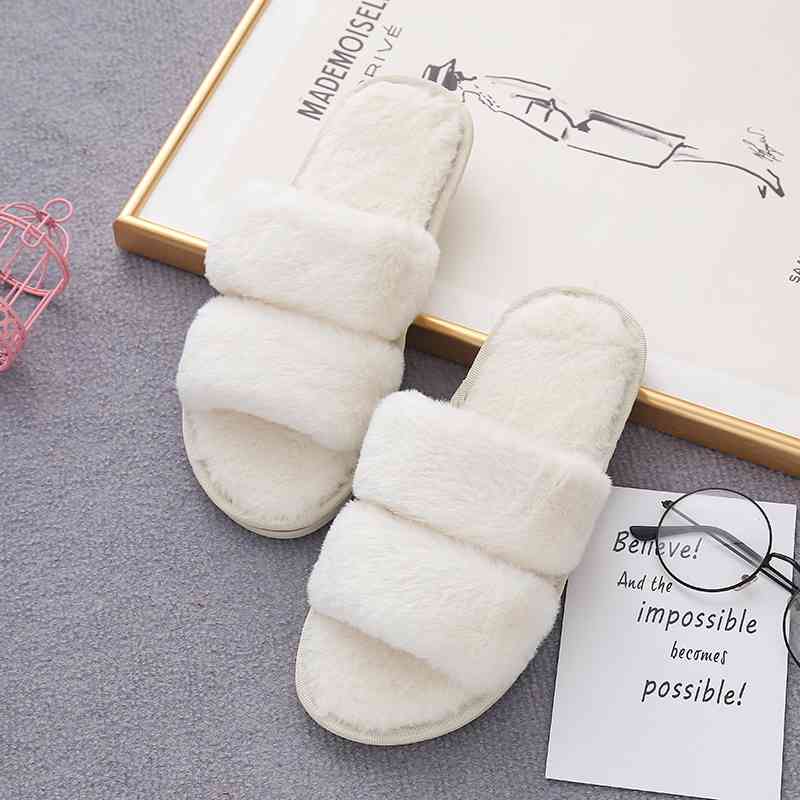 Faux Fur Double Strap Slippers - T - 5 COLORS -