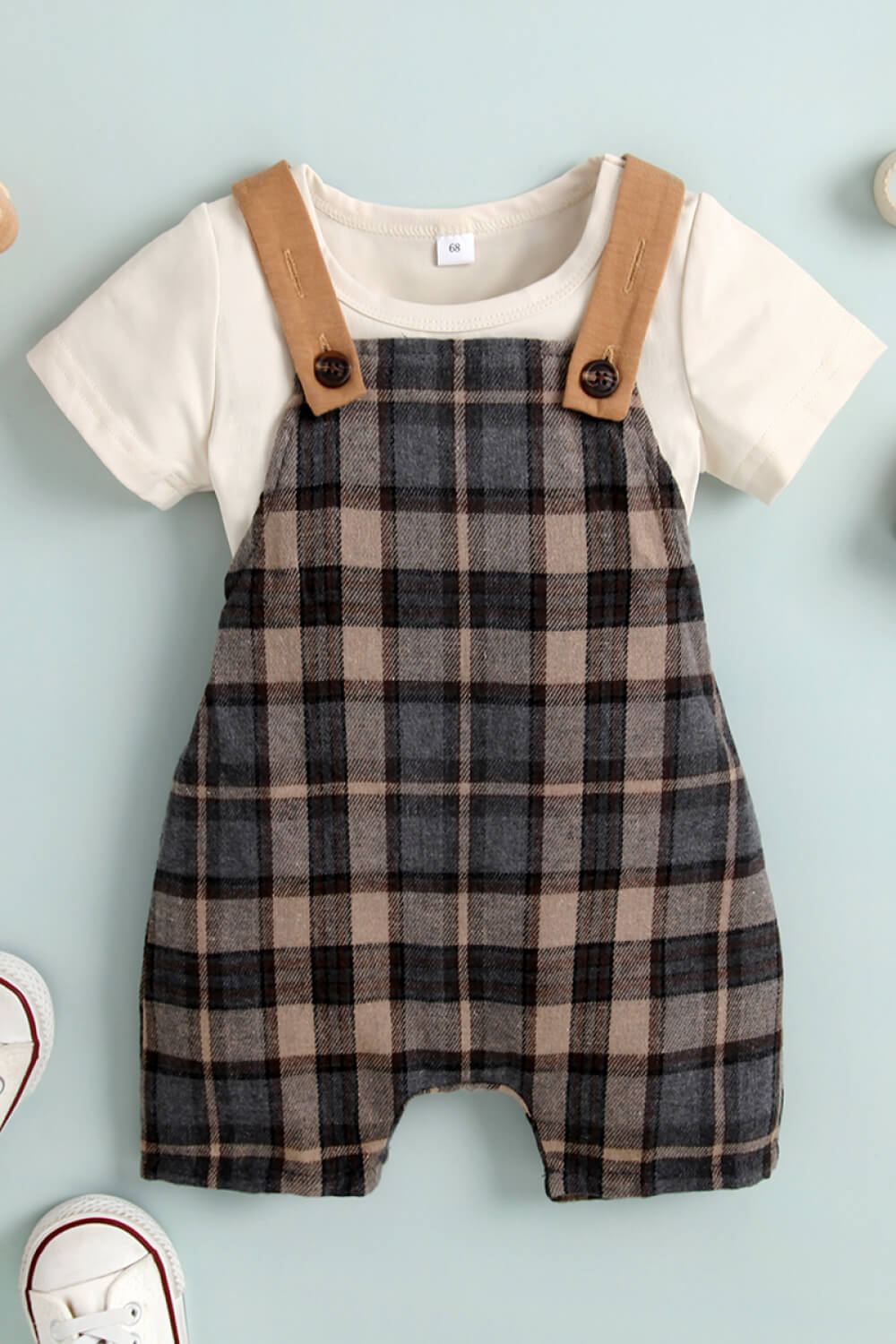 Baby Round Neck Tee and Plaid Overalls Set - 2 PCS - T - 1 COLOR -