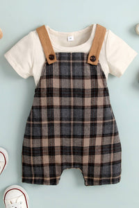 Thumbnail for Baby Round Neck Tee and Plaid Overalls Set - 2 PCS - T - 1 COLOR -