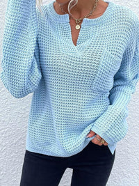 Thumbnail for Notched Long Sleeve Sweater - T - 6 COLORS -