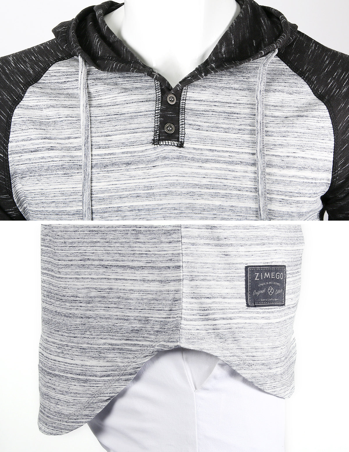 Long Sleeve Raglan Henley Round Bottom Hood T-Shirts - Space Grey - 1 COLOR -