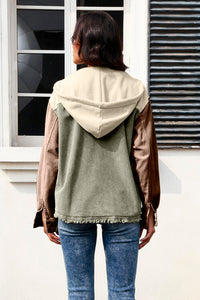 Thumbnail for Contrast Drawstring Snap Down Raw Hem Hooded Jacket - T - 5 COLORS -