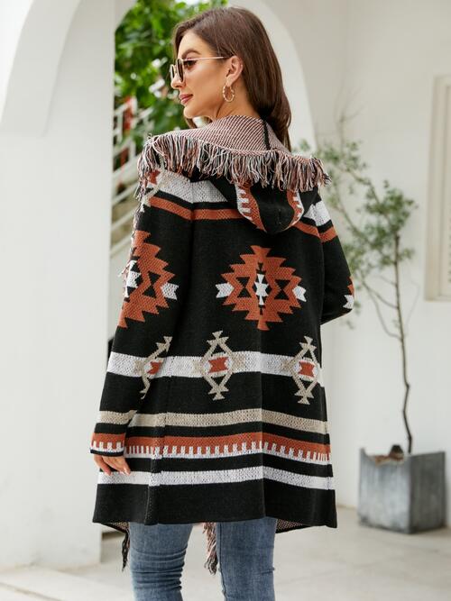 Fringe Geometric Hooded Long Sleeve Cardigan - T - 2 COLORS -