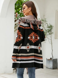 Thumbnail for Fringe Geometric Hooded Long Sleeve Cardigan - T - 2 COLORS -