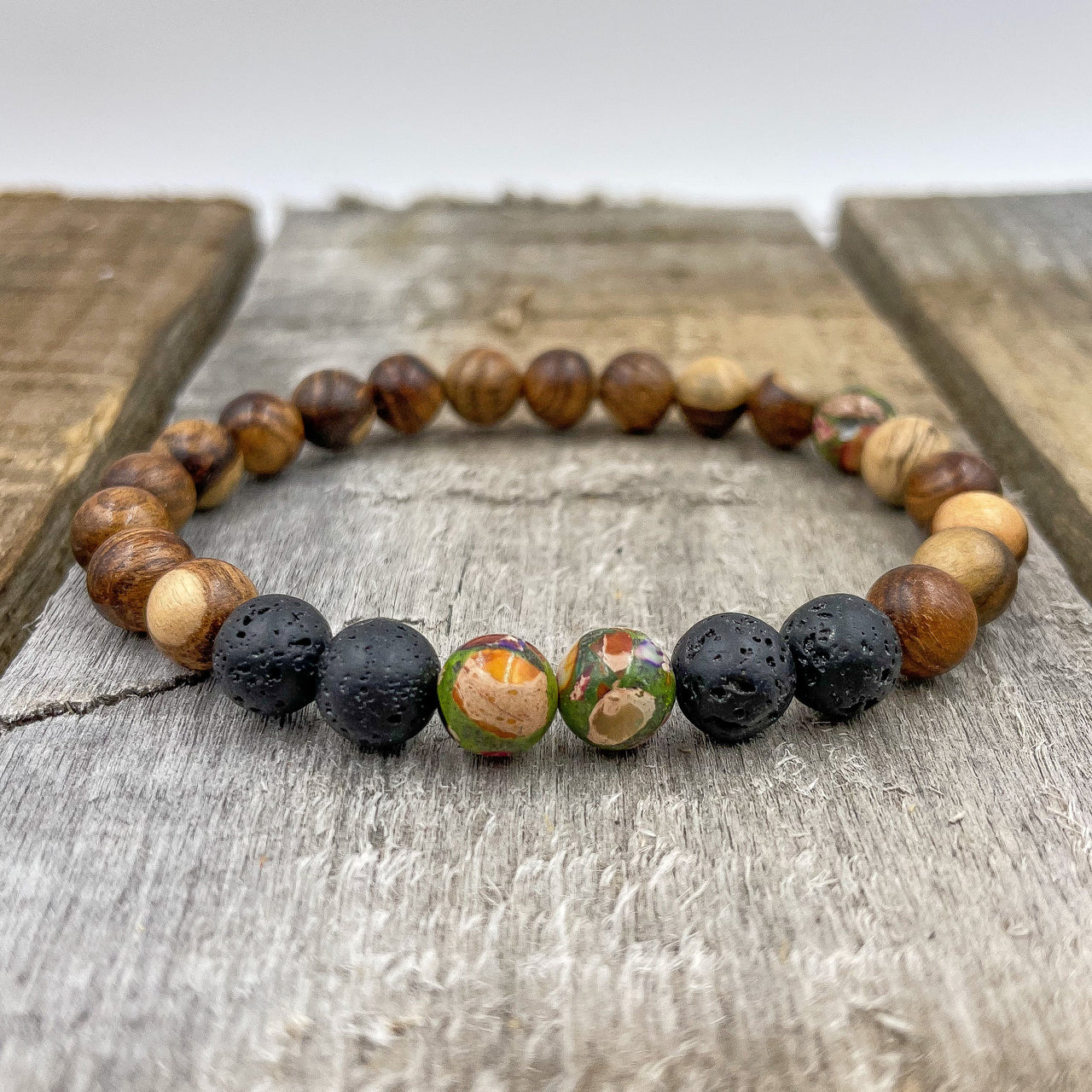 Central - Rainbow Jasper, Lava Rock, & Sandalwood Mala Beaded Bracelet -