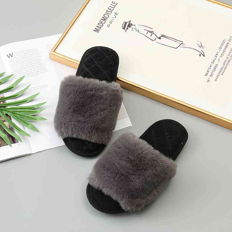 Faux Fur Open Toe Slippers - T - 5 COLORS -